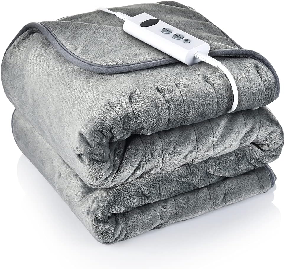 Electric Heated Throw, 135x185cm Large Electric Blanket Soft Flannel Over Blanket with 10 Adjustable Temperature Levels, 9 Hours Timer, Fast Heating and Machine-Washable Electric Over Blanket