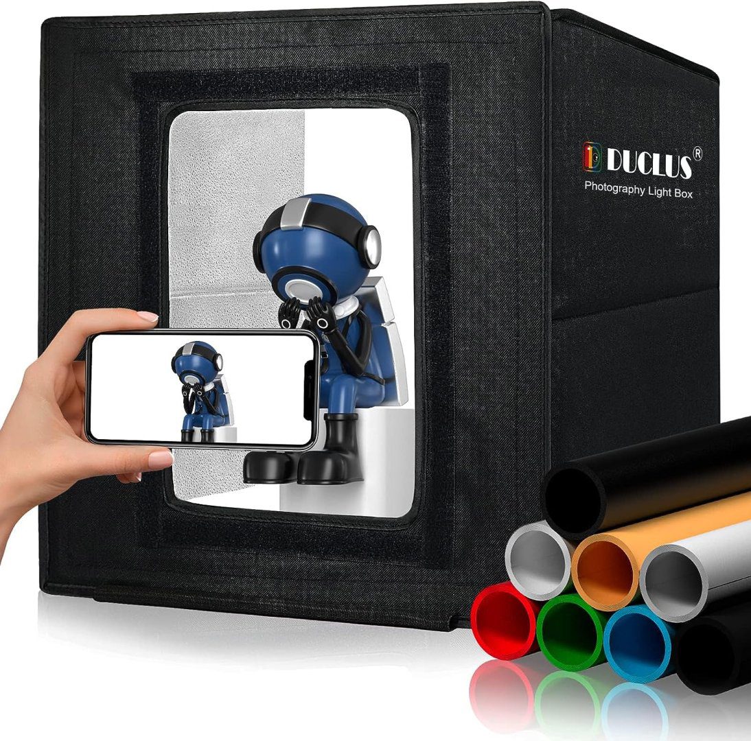 Light Box Photography, DUCLUS Portable Photo Studio Booth Box, 12" x 12" Professional Mini Shooting Tents with 112 LED Lights Dimmable, 8 Backdrops for Small Product: Jewelry, Miniature Models etc.