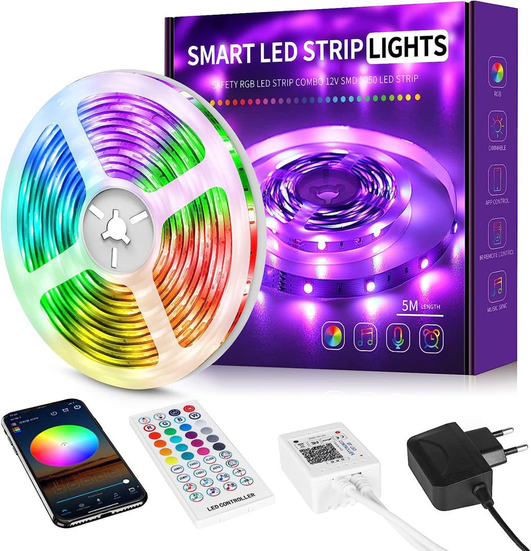 Beaeet LED Strip 5 m, LED Strip 5 m Self-Adhesive LED Strip Light Chain Colour Changing LED 5 m with Remote Control and App, LED Lights Lighting LEDs for Room Kitchen Party