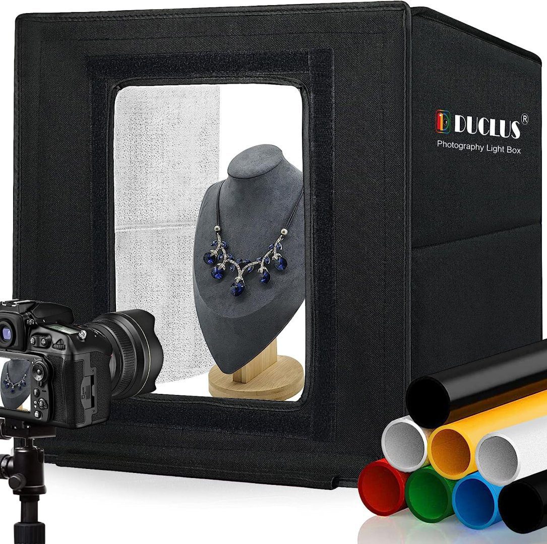 DUCLUS Light Box Photography, 16x16 inch Portable Photo Studio Box with 160 LED Dimmable Lights, 6 PVC & 2 Paper Backdrops for Product Photography. Visit the DUCLUS Store